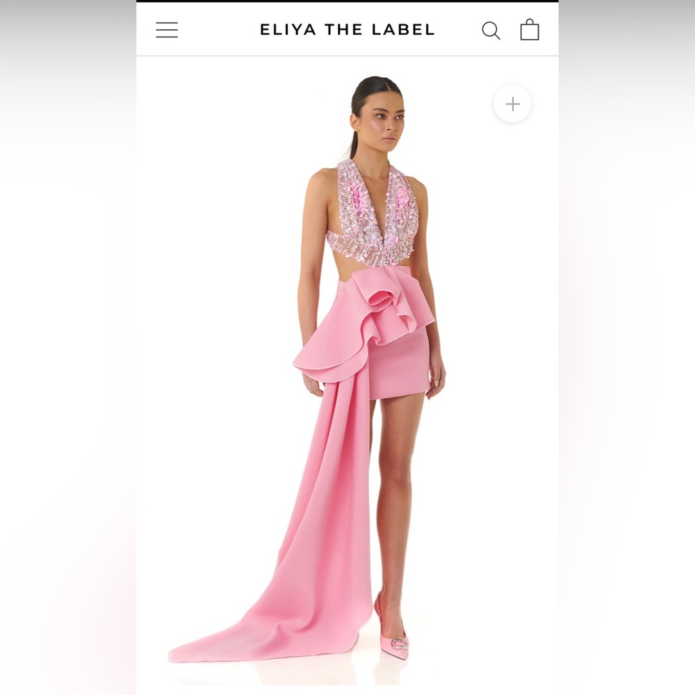 Eliya The Label Pink Embellished Halter Mini Dress with Draped Train